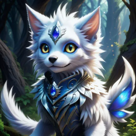 hyper detailed masterpiece, dynamic, awesome quality, drow, cute furry fuzzy creature, alluring gaze, fairy tail, ethereal, fantastic, serene expression, enchanting, guardian spirit, air quality