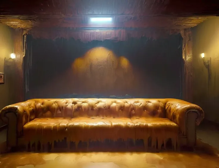 arafed couch in a dimly lit room with a painting on the wall