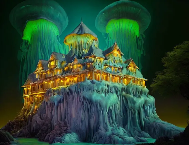 a close up of a castle with jellys on a mountain