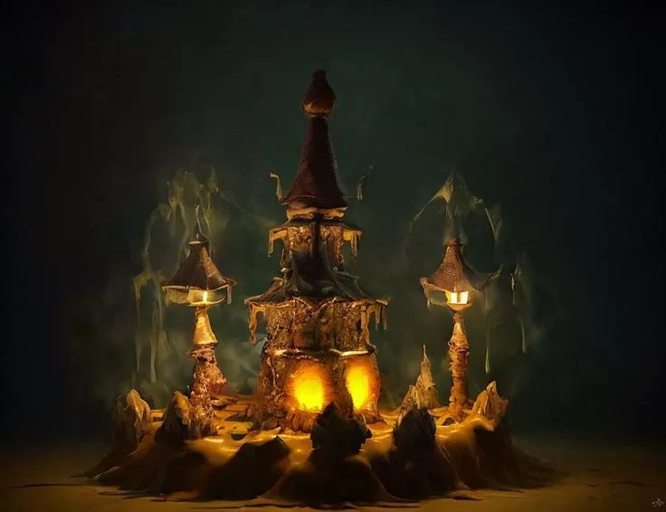 a castle made out of rocks and candles with a light on top