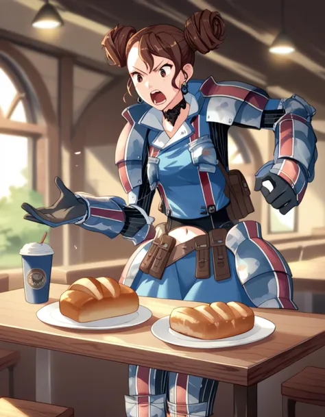 anime girl in a blue and red outfit standing at a table with bread