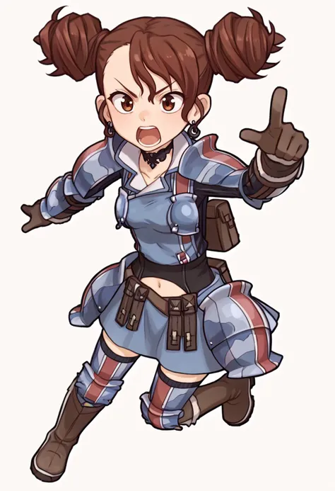 a cartoon drawing of a woman in a blue outfit with a gun