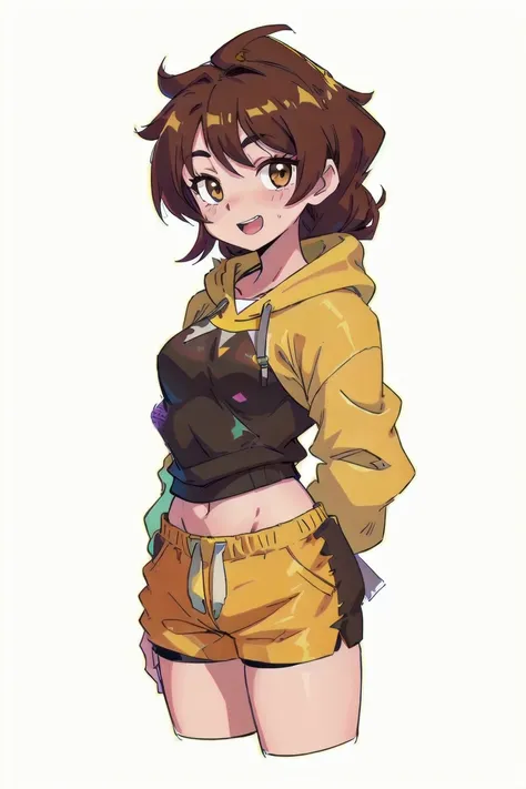 dated,maze_(gochama_ze_gohan),brown_eyes,eyelashes,smile,white_background,solo,brown_hair,bike_shorts,open_mouth,simple_background,blush,:d,cropped_legs,yellow_hoodie,hood_down,bangs_pinned_back,drawstring,topknot,female_focus,shorts,looking_at_viewer,hood...