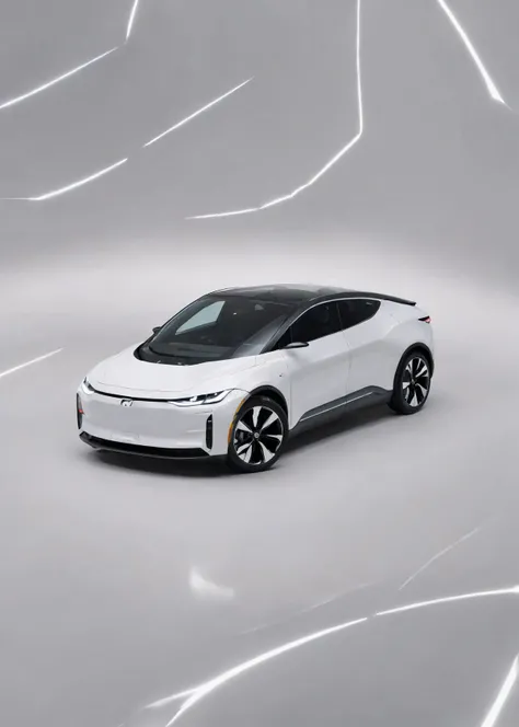 The image features a sleek, modern electric car with a glass roof, parked on a stage. The car has a distinctive design and appears to be a concept car, showcasing advanced technology and style. The car is positioned in the center of the scene, with a logo ...