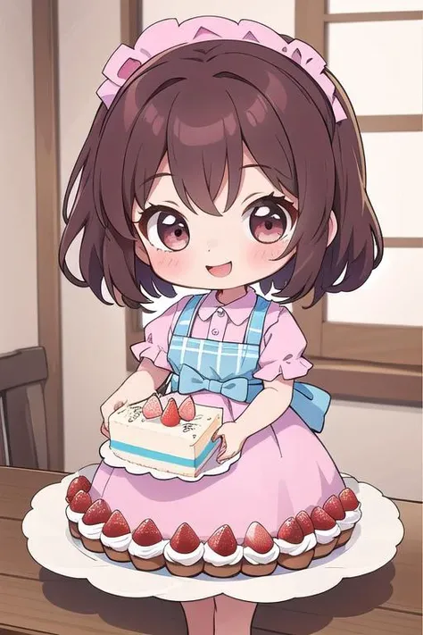 ultra detail,best quality,masterpiece, 1girl,chibi ,standing on table,large cake on table,happy, fruits,food<lora:chibi style:0.7>