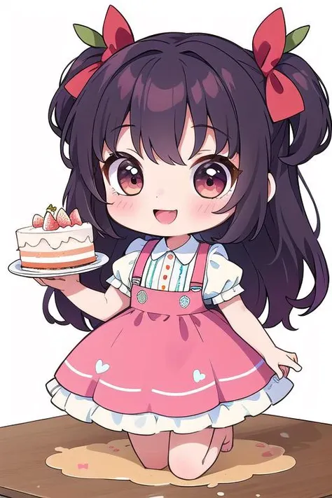 ultra detail,best quality,masterpiece, 1girl,chibi ,standing on table,large cake on table,happy, fruits,food<lora:chibi style:0.7>