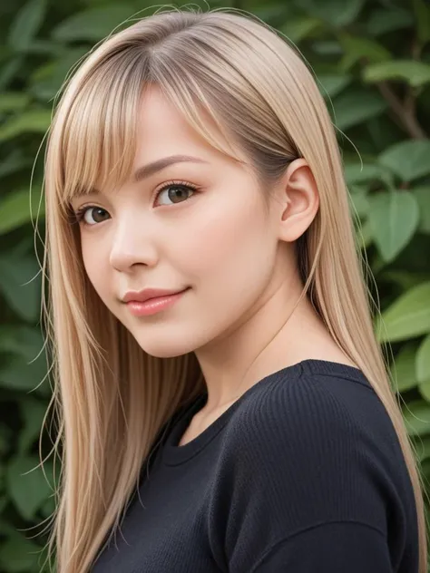 a close up of a woman with long blonde hair and a black shirt