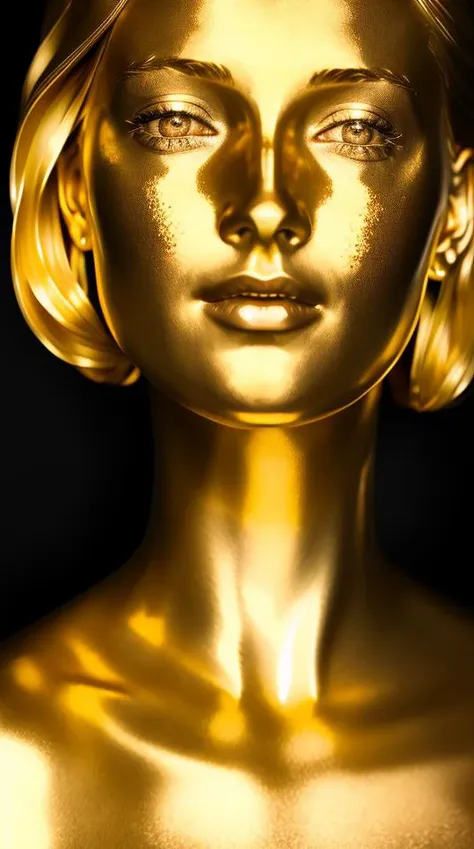 a close up of a woman's face with gold paint on it