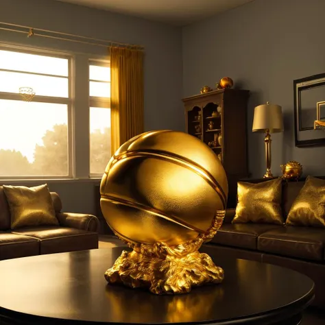 arafed view of a living room with a gold basketball on a coffee table