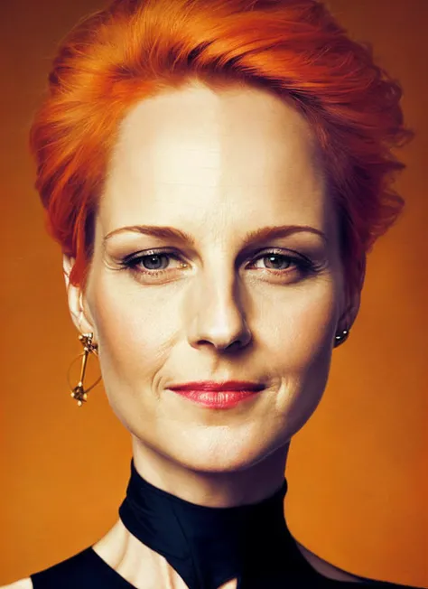 portrait of sks woman by Flora Borsi, style by Flora Borsi, bold, bright colours, orange Mohawk haircut, ((Flora Borsi)), <lora:locon_helenhunt_v1_from_v1_64_32:1.4>