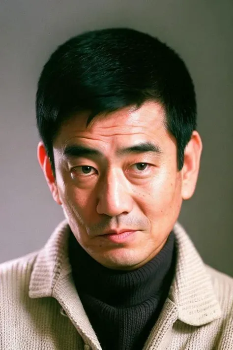 best quality, masterpiece,  Asian men,mole, solo, lips, grey_background, mole_under_eye, realistic, upper_body, looking_at_viewer, black_hair, brown_eyes, sweater, forehead,Rough skin,nose, turtleneck, old man, 40 yeas old,  <lora:gaocangjian:0.8>