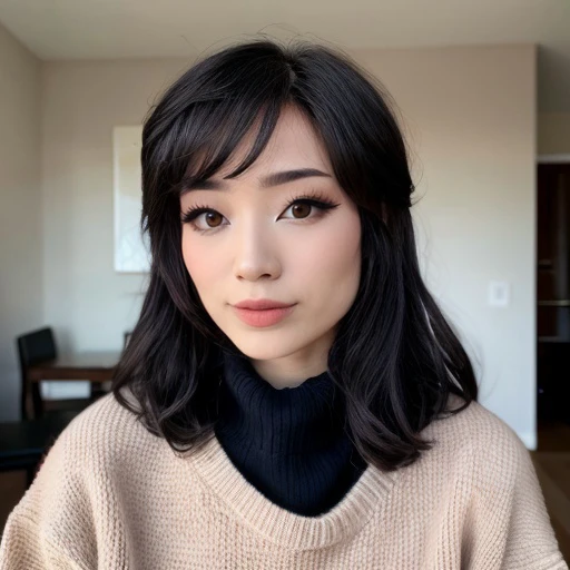 a close up of a woman with a sweater on posing for a picture