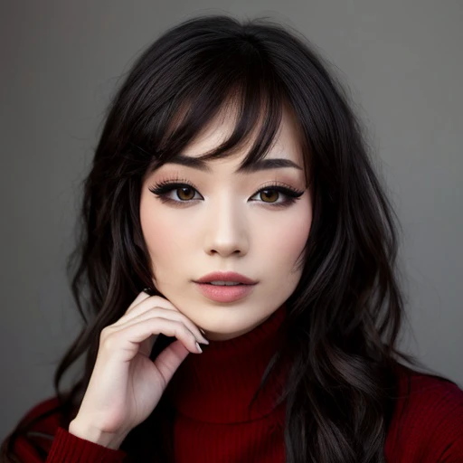 a close up of a woman with long hair and a red sweater