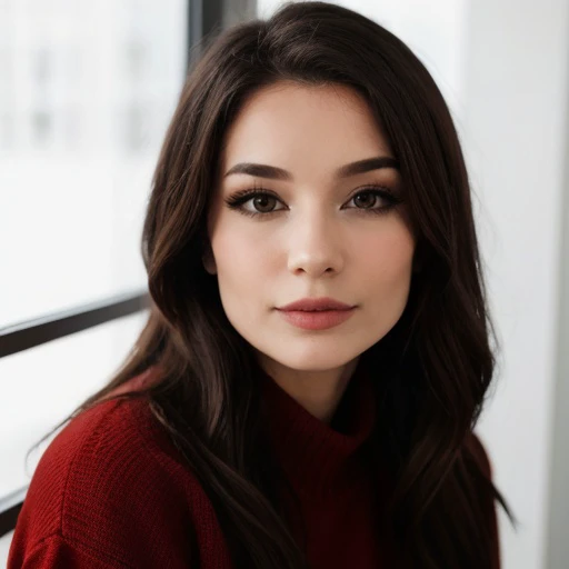 a close up of a woman with long hair and a red sweater