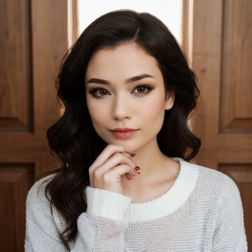 a woman with long black hair and a white sweater posing for a picture