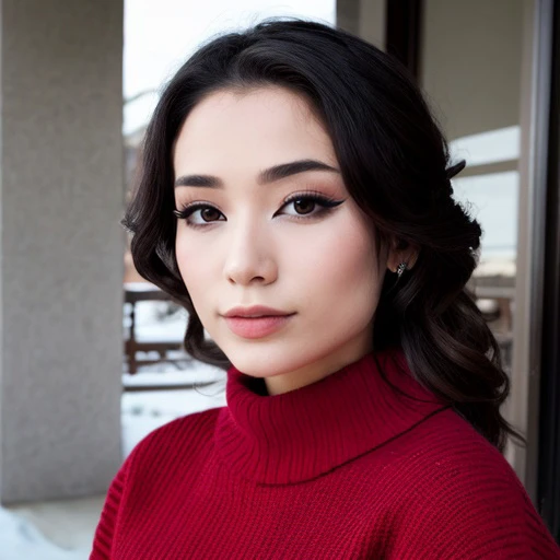 a close up of a woman in a red sweater posing for a picture