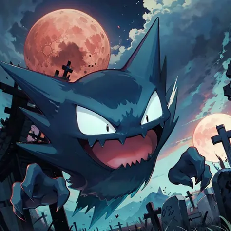 ((masterpiece,best quality)),
<lora:Haunter_Pokemon_Anime:0.9>, Haunter_Pokemon, floating,  no humans, pokemon (creature),
solo, smiling, looking at viewer, sticking out tongue, 
graveyard, red moon,
cinematic composition,