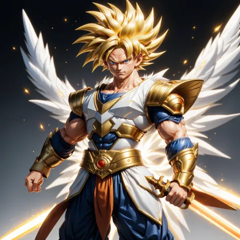 full body shot of 1man, male, son goku as legendary super sayajin 3, solo,wearing white armor, holding weapon infront of him, holding sword, white wings, simple glowing background , HD, masterpiece, best quality, hyper detailed, ultra detailed, <lora:xl_re...