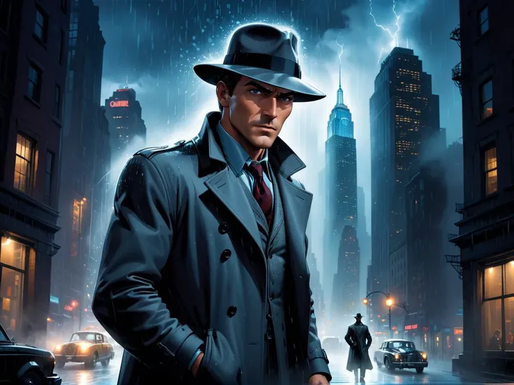 (comic style), 1man, dark scene, (medium full shot of courageous private detective, film noir character in grey coat and grey hat), unmasked, (realistic:0.8), athletic, night city, (mist), particles, (light rain), woman focus, muscular:0.1, night, outdoors...