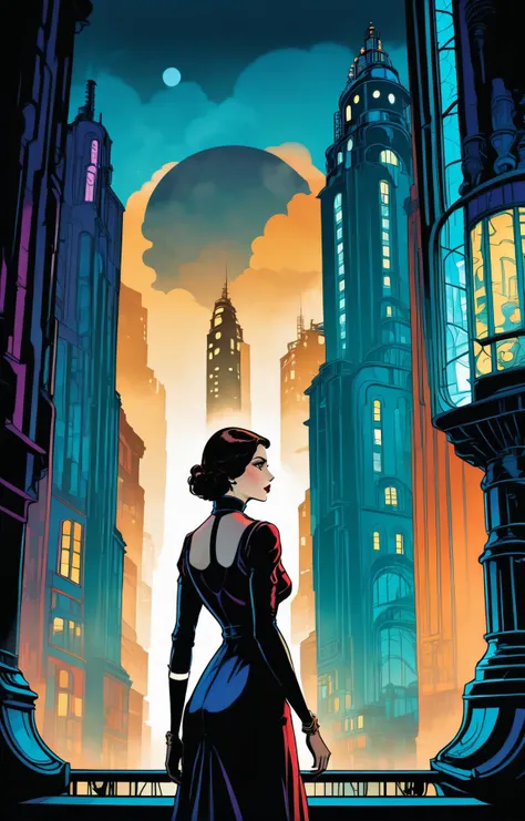 graphic novel illustration. from the side portrait of the silent symphony of her dreams. sense of suspense and mystery. vibrant and moody, retro-futuristic bioshock art-deco, noir-hued colors, hazy, epic mist <lora:Graphic_Novel_Illustration-000007:1>