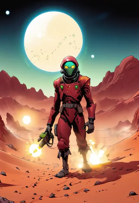 breathtaking graphic novel illustration of a On the crimson dunes of a Martian desert, a colonist with a suit powered by solar winds mines for precious minerals. Alien flora blooms with each step, and the twin moons cast a soft glow on the landscape.  <lor...