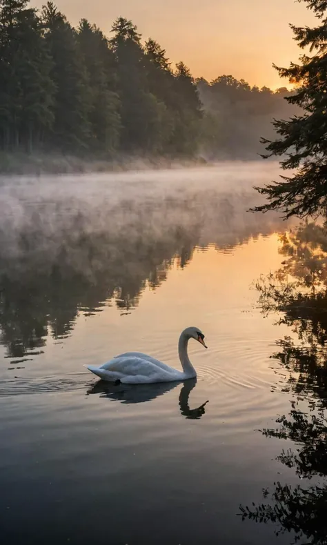 arafed swan swimming in a lake with a foggy forest in the background