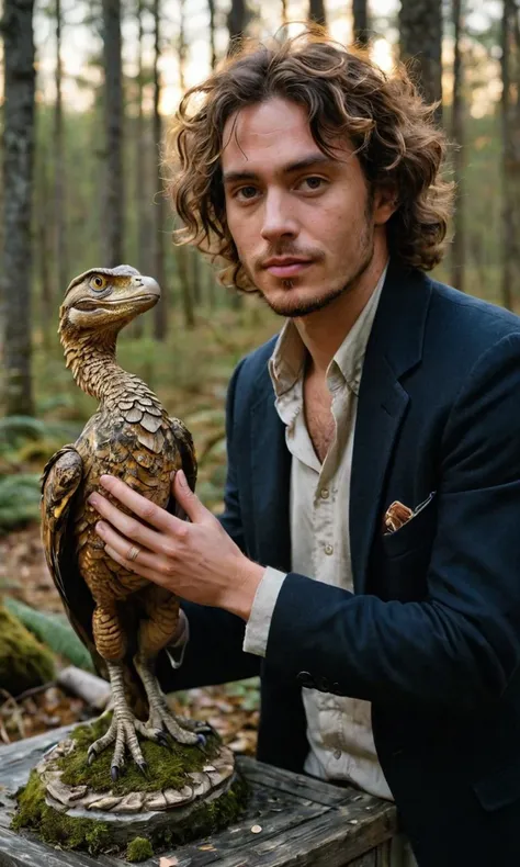 arafed man in a suit holding a bird statue in a forest