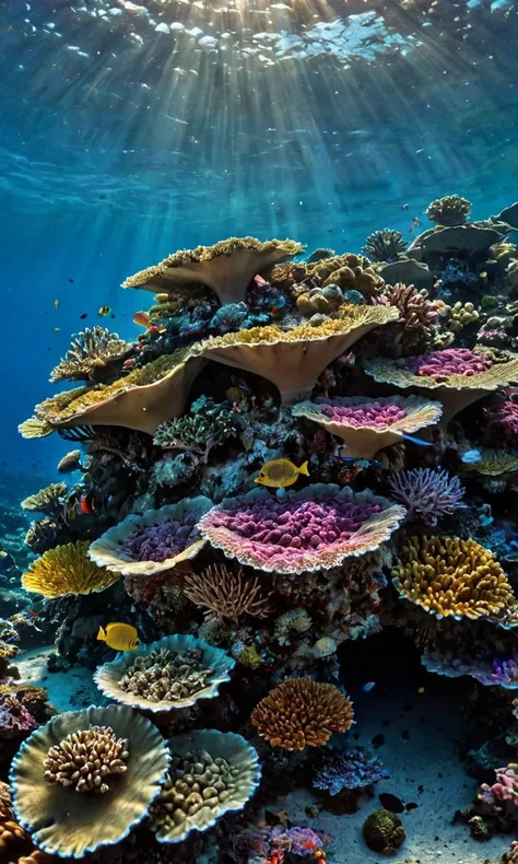 a close up of a coral reef with a sunbeam