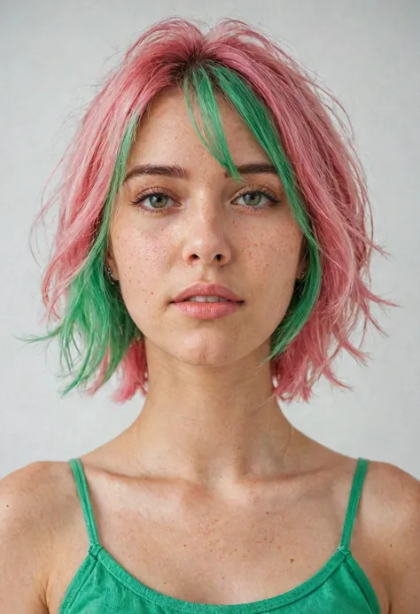 a close up of a woman with pink and green hair