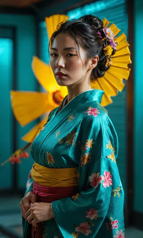 a close up of a woman in a green kimono with a yellow umbrella