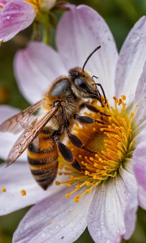 a close up of a bee on a flower with water droplets