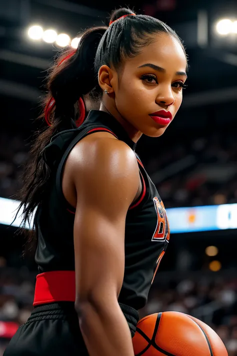 raw photo of (BiBECR01:0.99), a woman as a sexy basketball player, ((black waist-long ponytail)), ((wearing long black ponytail on her chest: 1.2)), (red lipstick:1.3), (closeup portrait:1.2), modelshoot style, (extremely detailed CG unity 8k wallpaper), p...