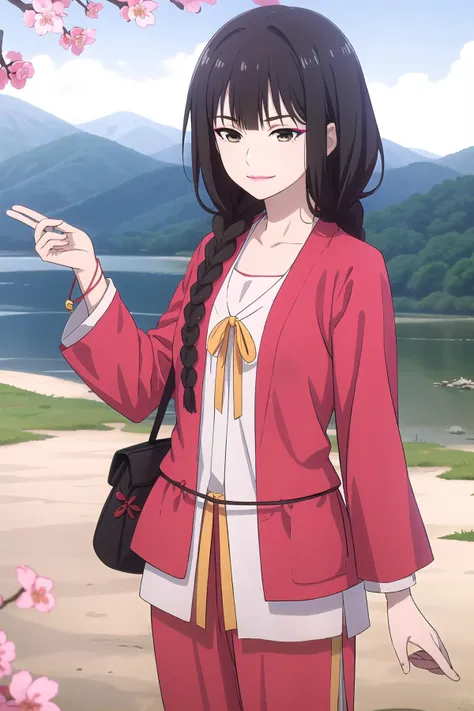 anime girl in red outfit pointing at something with mountains in background