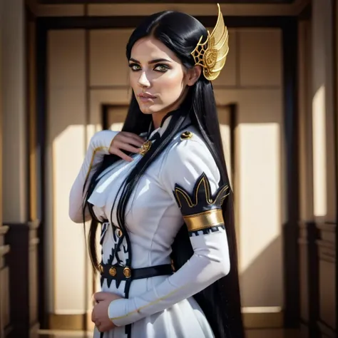 cinematic film still a  full body tall woman in a white dress, long black hair, golden head ornament, detailed eyes <lora:brunhi...