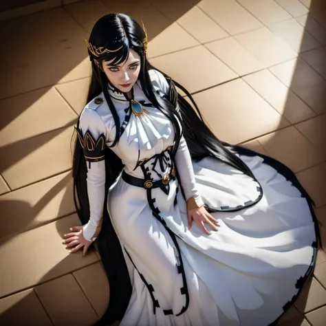 arafed woman in a white dress with long black hair