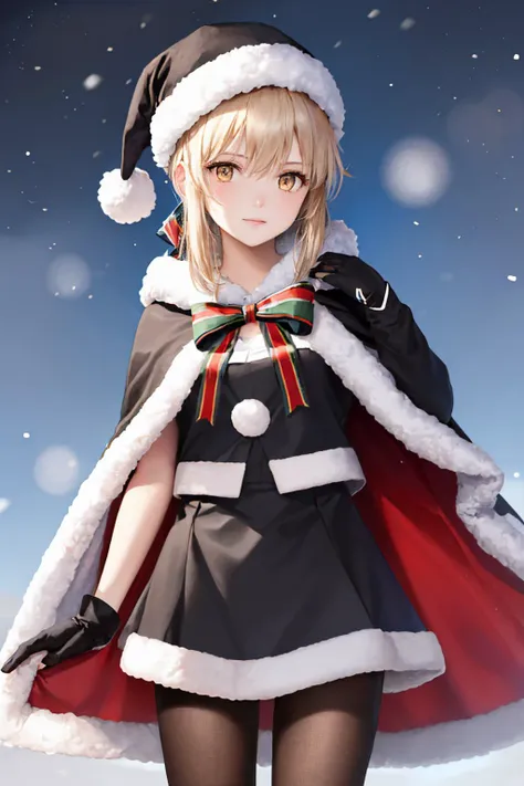 a woman in a santa hat and cape standing in the snow