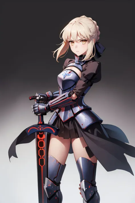 (masterpiece, best quality:1.2), solo, 1girl, sabaltarmor, serious, looking at viewer, (holding sword, excalibur morgan (fate):1.1), armored dress, black armor, gauntlets <lyco:fate_saberalter_v2-08:0.9> <lyco:UnlimitedBladeWorks1.6:0.9>