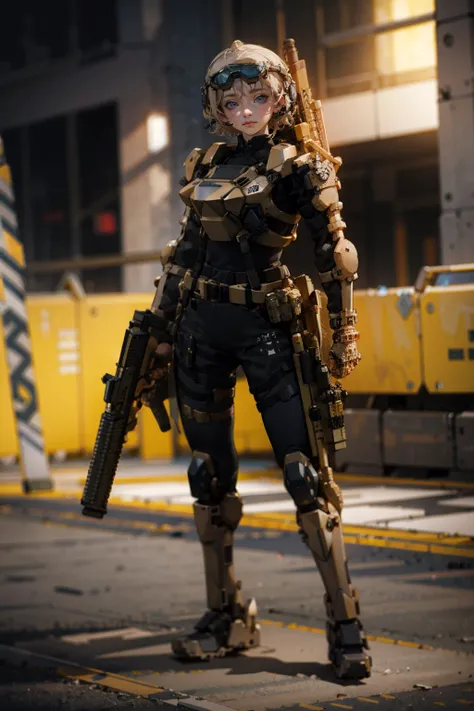 solo,1girl,outdoors,cityscape,<lora:0300 Individual soldier exoskeleton armor suit_v1:1>,ruanyi0300,armor,assault rifle,belt,gloves,goggles,holding weapon,m4 carbine,mecha,robot,holding gun,(full body:1.3),standing,, (incredibly absurdres, ultra-detailed,C...