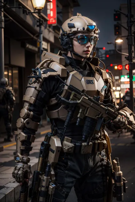 solo,1boy,outdoors,cityscape,(cowboy shot:1.3),<lora:0300 Individual soldier exoskeleton armor suit_v1:0.9>,ruanyi0300,armor,assault rifle,belt,gloves,goggles,holding weapon,m4 carbine,mecha,robot,holding gun,standing,, (incredibly absurdres, ultra-detaile...