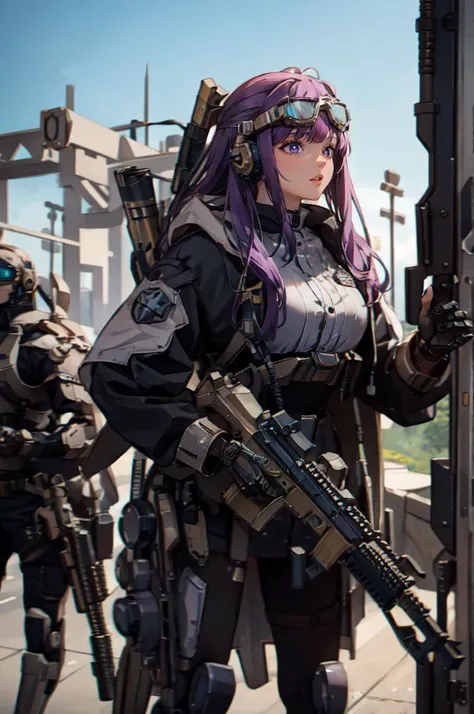 <lora:0300 Individual soldier exoskeleton armor suit_v1:0.9> ruanyi0300, armor, belt, gloves, mecha, robot, goggles, holding weapon, m4 carbine, assault rifle, holding gun, <lora:Fern:0.8> FernFrieren, very long hair, purple eyes, (purple pupils), white dr...