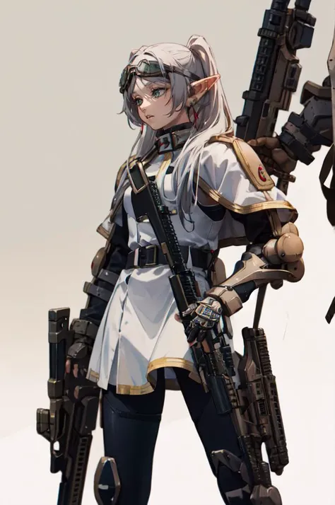 <lora:0300 Individual soldier exoskeleton armor suit_v1:0.9> ruanyi0300, armor, belt, gloves, mecha, robot, goggles, holding weapon, m4 carbine, assault rifle, holding gun,  <lora:Frieren:1>  FrierenBase, twintails, earrings, white capelet, striped shirt, ...