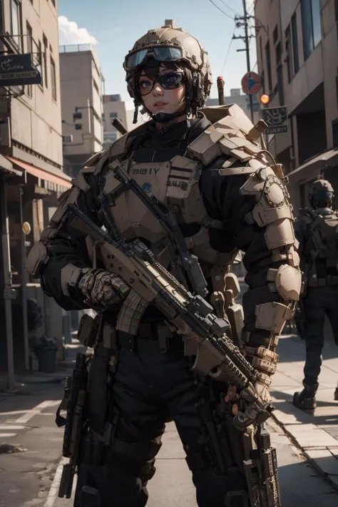 a man in a military uniform holding a rifle on a city street