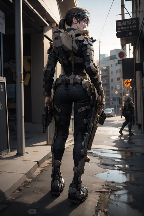 solo,1girl,outdoors,cityscape,<lora:0300 Individual soldier exoskeleton armor suit_v1:0.9>,ruanyi0300,armor,assault rifle,belt,gloves,goggles,holding weapon,m4 carbine,mecha,robot,holding gun,(full body:1.3),standing,(from behind:1.2),, best quality,master...