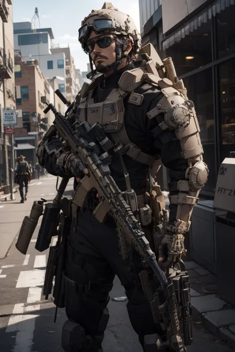 a man in a military uniform holding a rifle on a city street