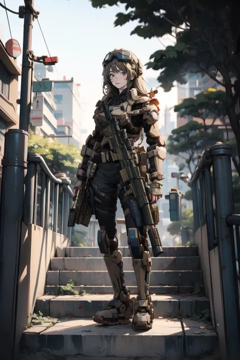 a woman in a military outfit standing on a set of stairs