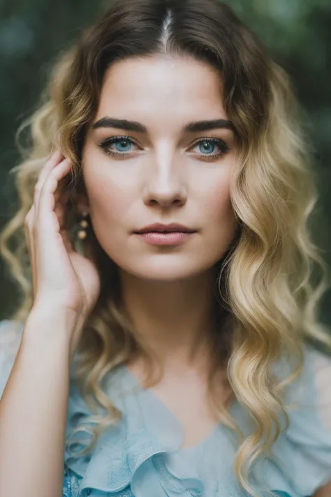 photoshoot of amh, (blonde hair), (wavy hair ), , detailed skin texture, (blush:0.2), (goosebumps:0.3), (light blue dress), subsurface scattering, Photorealistic, Hyperrealistic, Hyperdetailed, analog style, hip cocked, demure, detailed skin, matte skin, s...