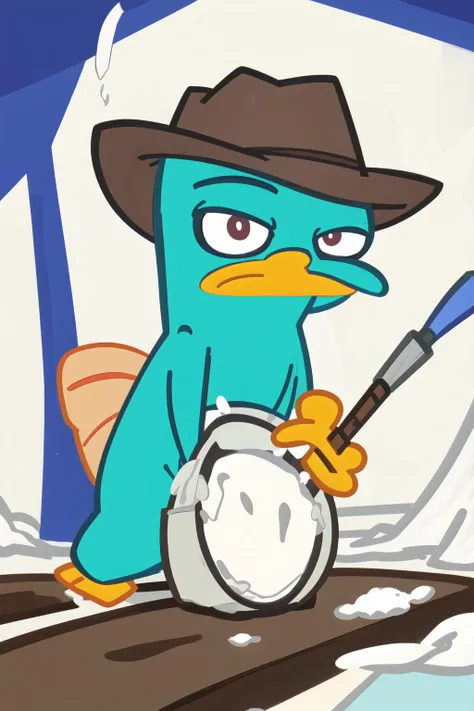 a close up of a cartoon bird with a hat and a spoon