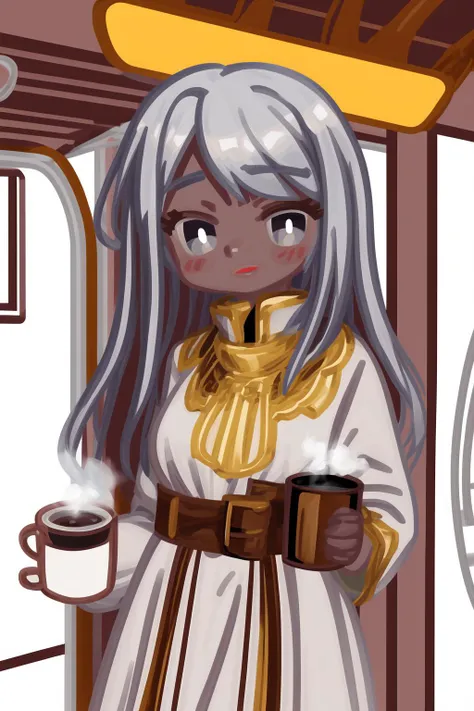 (stripe art:,soft strokes,:.3),(best art, master piece, best quality,good light,illustration,solo:1.3),(dark gray skin, silver gray long hair, droopy eyes, holding a mugs handle  with hot chocolate ,a perfect detail white mug:1.2)steam, train theme, silver...