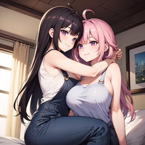 anime couple hugging on bed with city view in background