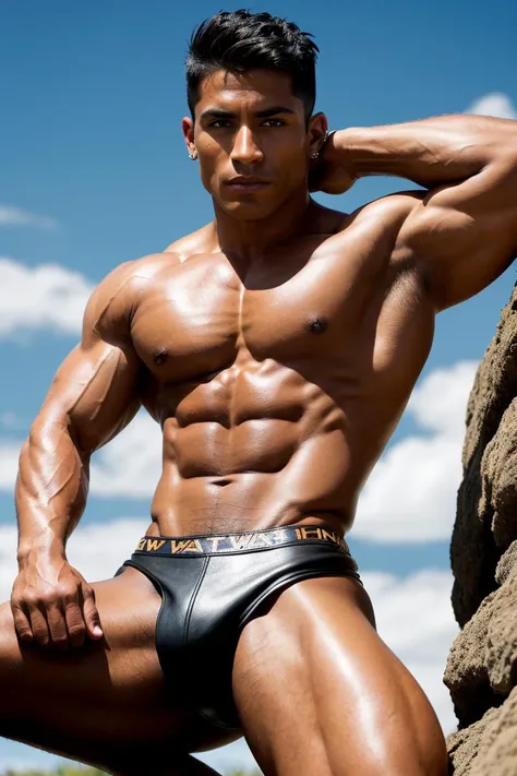 full color, commercial photo, 8K, uhd, wide angle shot of a perfectly proportioned muscular smooth very darkly tanned male, aztec ethnicity, wearing war paint, sculpted chest and abs, spiked short haircut, nsfw, adults-only, wearing leather, flexing, crouc...